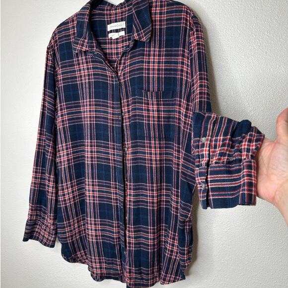 Treasure & Bond Navy Red White Plaid Collared Button Down Boyfriend Shirt L - Picture 1 of 12
